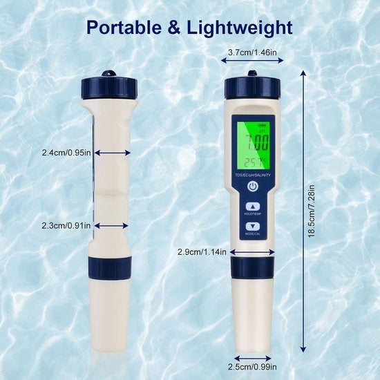 Tester Digital 5 en 1 de Calidad del Agua: PH/TDS/EC/Sal/Temperatura