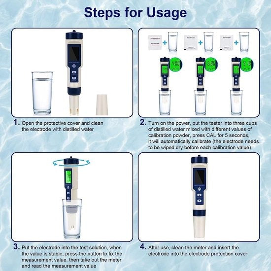 Tester Digital 5 en 1 de Calidad del Agua: PH/TDS/EC/Sal/Temperatura