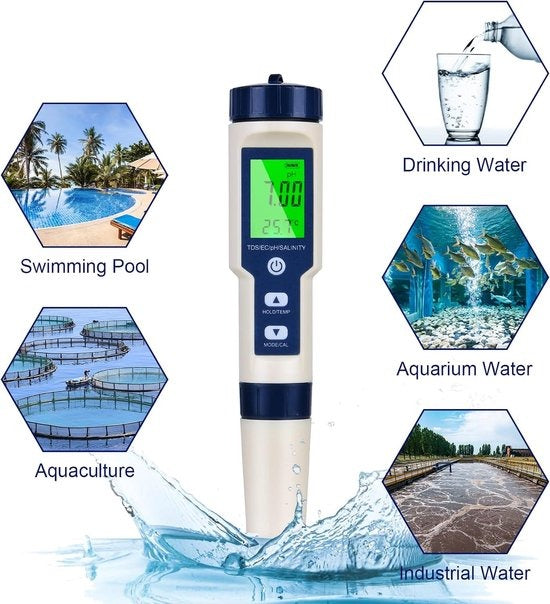 Tester Digital 5 en 1 de Calidad del Agua: PH/TDS/EC/Sal/Temperatura