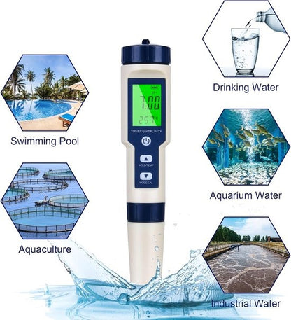 Tester Digital 5 en 1 de Calidad del Agua: PH/TDS/EC/Sal/Temperatura